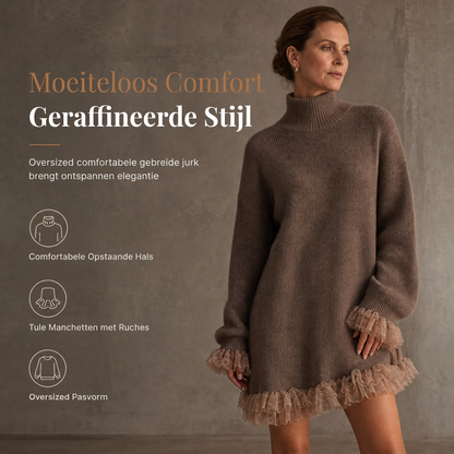 Oversized gebreide jurk met mock neck en ruche van tule