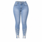 Dames Lichtblauwe Met Parel Versierde Slim Fit Skinny Jeans met Onafgewerkte Gerafelde Taille en Gerafelde Gescheurde Enkelsboorden