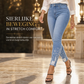 Dames Lichtblauwe Met Parel Versierde Slim Fit Skinny Jeans met Onafgewerkte Gerafelde Taille en Gerafelde Gescheurde Enkelsboorden