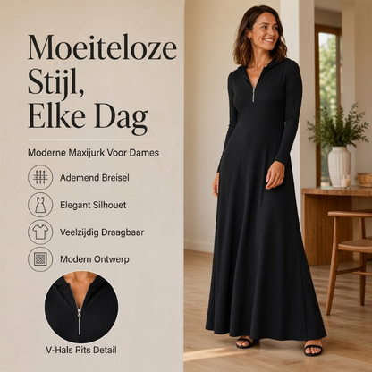 Dames Gebreide Geribbelde Hoodie Maxi Jurk