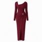 Dames herfst/winter effen gebreide lange jurk met ronde hals met onregelmatige halsuitsnijding