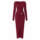 Dames herfst/winter effen gebreide lange jurk met ronde hals met onregelmatige halsuitsnijding