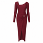 Dames herfst/winter effen gebreide lange jurk met ronde hals met onregelmatige halsuitsnijding