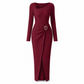 Dames herfst/winter effen gebreide lange jurk met ronde hals met onregelmatige halsuitsnijding