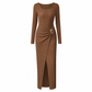 Dames herfst/winter effen gebreide lange jurk met ronde hals met onregelmatige halsuitsnijding