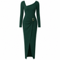 Dames herfst/winter effen gebreide lange jurk met ronde hals met onregelmatige halsuitsnijding