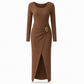 Dames herfst/winter effen gebreide lange jurk met ronde hals met onregelmatige halsuitsnijding
