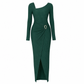 Dames herfst/winter effen gebreide lange jurk met ronde hals met onregelmatige halsuitsnijding