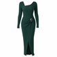 Dames herfst/winter effen gebreide lange jurk met ronde hals met onregelmatige halsuitsnijding