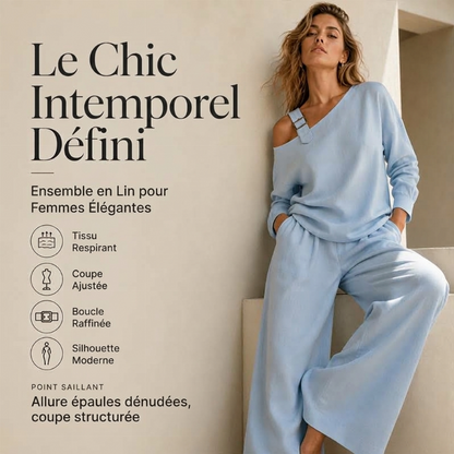 Elegante damesoutfit: asymmetrisch topje met één schouder en broek met wijde pijpen