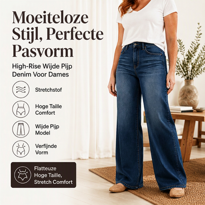 Dames Jeans met Hoge Taille, Wijde Pijpen en Stretch