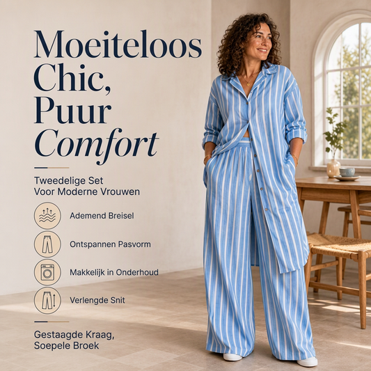 Dames Gestreept Lang Shirt & Wijde Broek Set