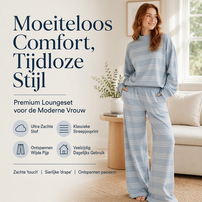 Dames Gestreept Mock Neck Top & Wijde Pantalon Set