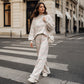 Dames Gestreept Mock Neck Top & Wijde Pantalon Set