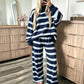 Dames Gestreept Mock Neck Top & Wijde Pantalon Set