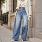 Dames Vintage Wijde Jeans met Knoppen aan de Zijkant