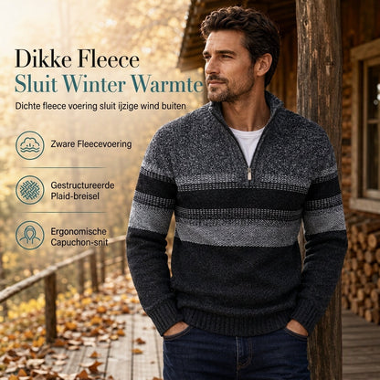 Heren winter gebreid vest met capuchon, fleecevoering en ruitpatroon, dikke lange mouwen