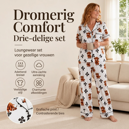 Dames 3-delige Pyjamaset met Hooglander Koe Print