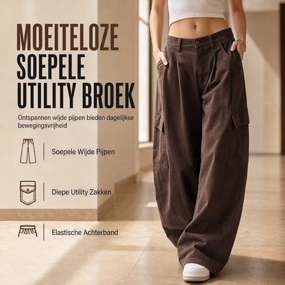 Dames High Waist Wijde Pijp Baggy Cargo Broek met Utility Zakken Losse Pas Katoenmix Broek