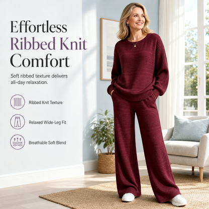 Tweedelige set voor dames voor herfst en winter, van geribbeld breiwerk: casual top met lange mouwen en broek met wijde pijpen