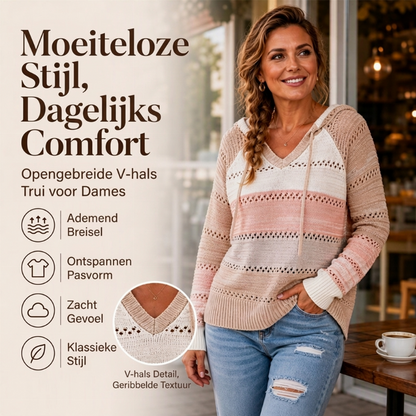 🍂 Herfst Favoriet ✨ Dames Geblokte Uitgesneden Gebreide Hoodie – Trendy Comfortabele Trui met Casual Look
