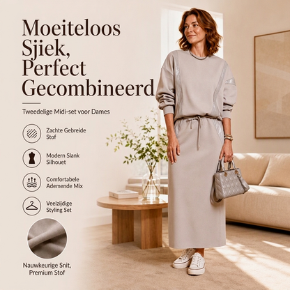 Tweedelige set voor dames: langermig topje en midirok met trekkoord