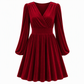 Maxi-jurk voor dames, effen fluwelen stof, V-hals en lange mouwen