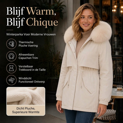 Dames parka jack met pluche voering, halflang model