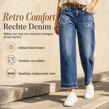 Dames Vintage Rekbaar Straight Leg Denim Jeans met Gerafelde Patchzakken en Frayed Raw Hem