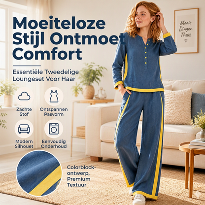 Dames Colorblock Lange Mouwen Top & Wijde Pantalon Set