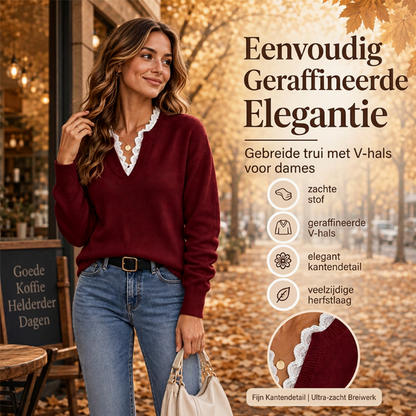 🔥Populair product ！✨Elegante Gebreide Trui met V-Hals en Kanten Detail