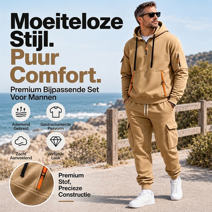 Warme Heren Hoodie met Halve Rits & Cargobroek Set