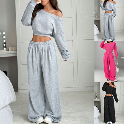 Set bestaande uit een off-shoulder-sweatshirt en een broek met wijde pijpen voor dames