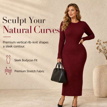 Dames maxi-jurk met lange mouwen, geribbeld breisel en ronde hals, nauwsluitend model