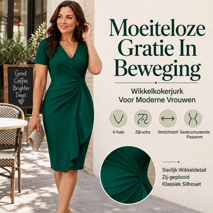 Elegante damesjurk met V-hals, ruches en wikkelontwerp