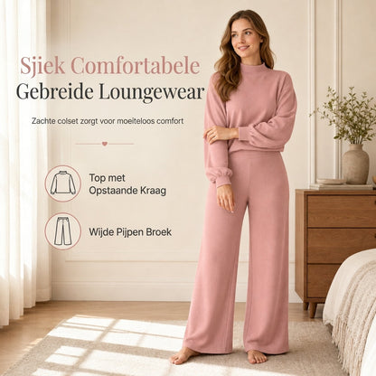 🔥Gratis verzending✈️Dames Gebreide 2-Delige Loungeset met Mock Neck Sweatshirt & High Waist Wijde Pijpen Broek – Comfortabele Elegantie voor Elke Dag