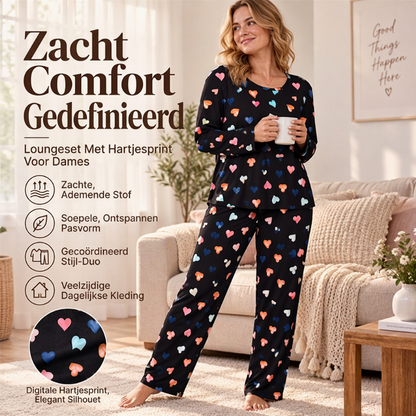 Dames pyjamaset met hartprint en lange mouwen