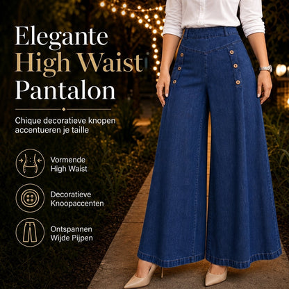 ✨ Denim Must-Have 👖 Damesjeans met Hoge Taille, Wijde Pijpen & Decoratieve Knopen – Stretchcomfort en een Flatterende Look 🤎