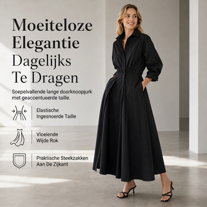 Stijlvolle dames shirtsjurk van katoen-linnen met effen kleur, omgeslagen kraag, elastische taille en uitlopende zwaaivormige zoom
