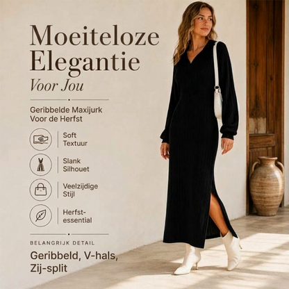 Dames maxi-jurk met ribgebreide kraag en split