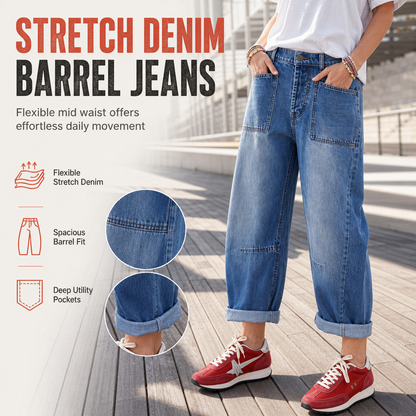 Stretchjeans voor dames in grote maten, met middelhoge taille, cropped lengte, rechte pijpen, omgeslagen zoom en opgestikte zakken