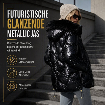 Glanzende parelmoer hoodie voor dames, gewatteerd met bontkraag, slankpassende winterjas van katoen