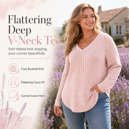 Dames-T-shirt in grote maten, met V-hals, lange mouwen, geribd en geborsteld, losse pasvorm, effen kleur, pullover-model