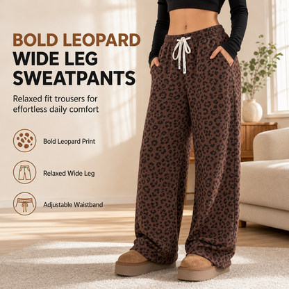 Dames joggingbroek met luipaardprint, wijde pijpen en trekkoord – loszittende, casual broek voor thuis