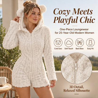Schattige pluchen onesie met berenoren voor dames