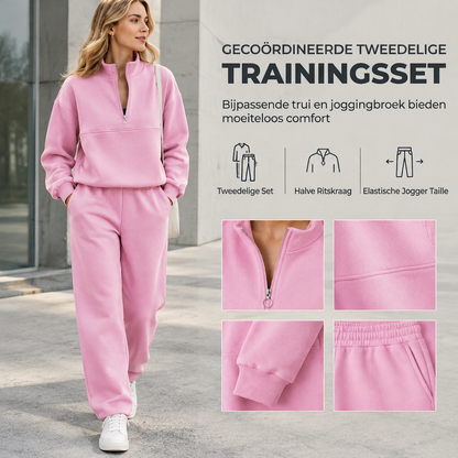Casual tweedelige broekset, effen kleur, top met rits en kraag, en lange broekoutfit voor herfst en winter