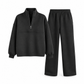 Casual tweedelige broekset, effen kleur, top met rits en kraag, en lange broekoutfit voor herfst en winter