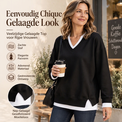 Dames sweatshirt met gelaagde look en V-hals