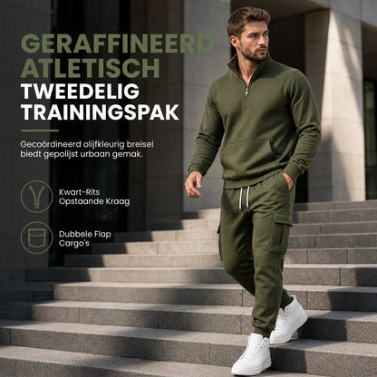 Twee delig Herenset met sweatshirt met halve rits en cargobroek met joggingpasvorm