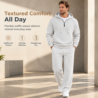 Casual tweedelige trainingsset voor heren van wafelstructuur: hoodie met halve rits en broek met rechte pijpen